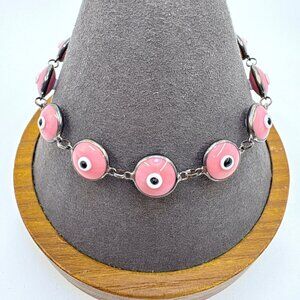 Sterling Silver 925 Pink Artisan Glass Evil Eye Chain Bracelet Size 7.25" Length